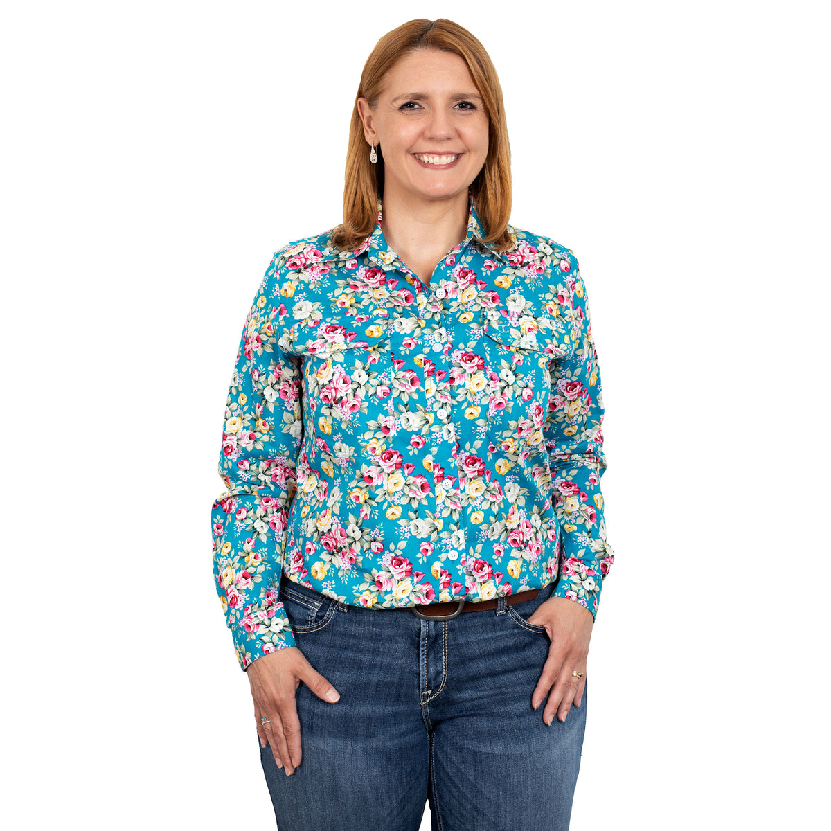 Just Country Womens Abbey Full Button Shirt - Teal Peonies