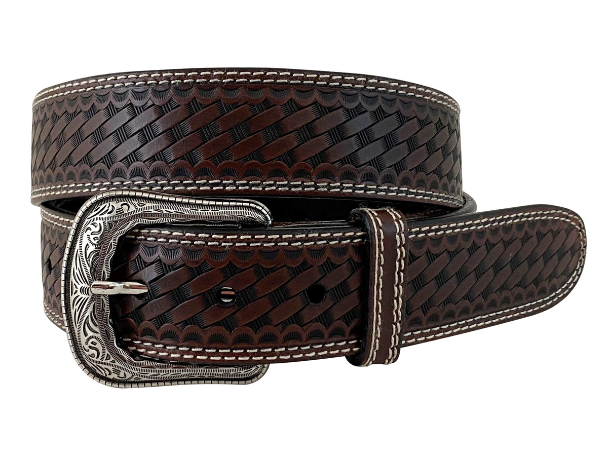 Roper Mens Genuine Leather Basket Weave Belt - Embossed Cognac