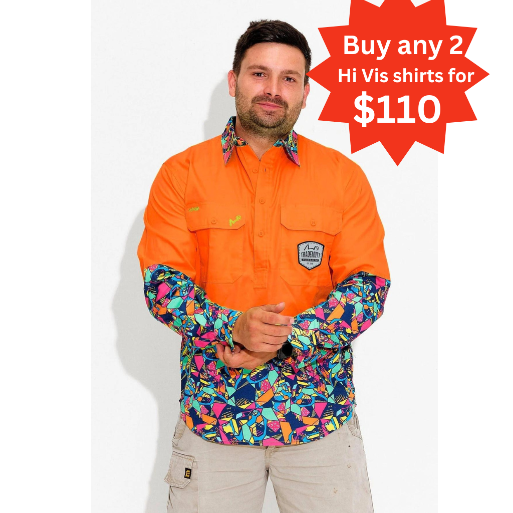 TradeMutt Mens Ventura Half Button Hi Vis Day Workshirt - Orange