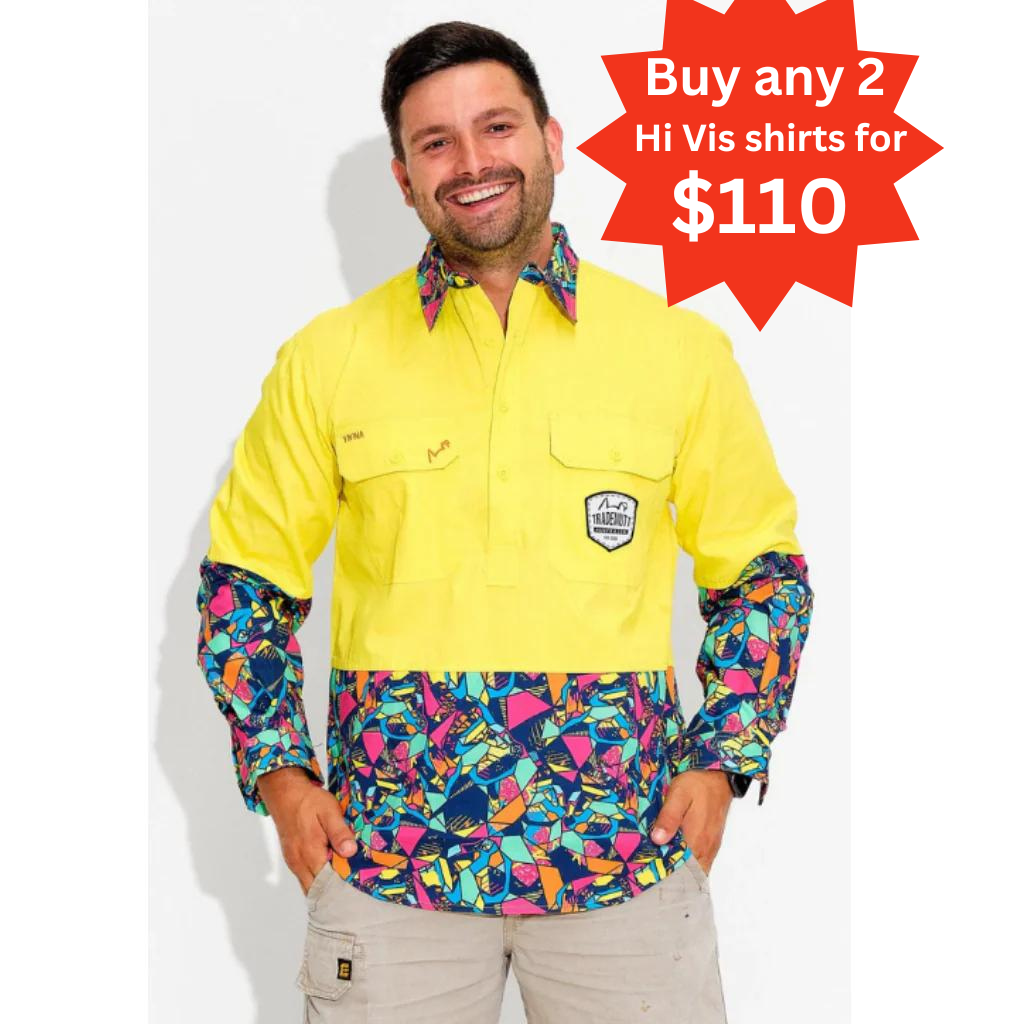 TradeMutt Mens Ventura Half Button Hi Vis Day Workshirt - Yellow