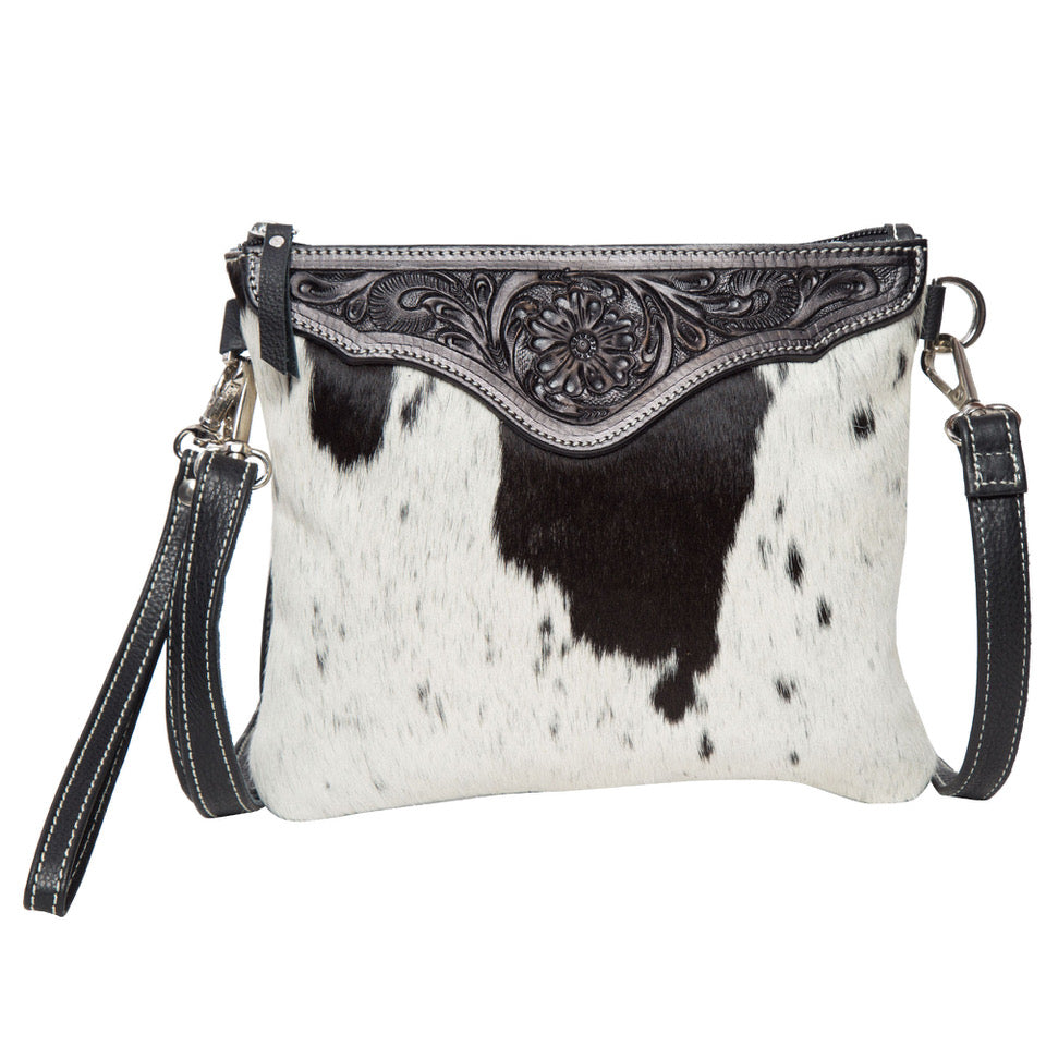 Cowhide Tooled Leather Clutch Bag - Black/White