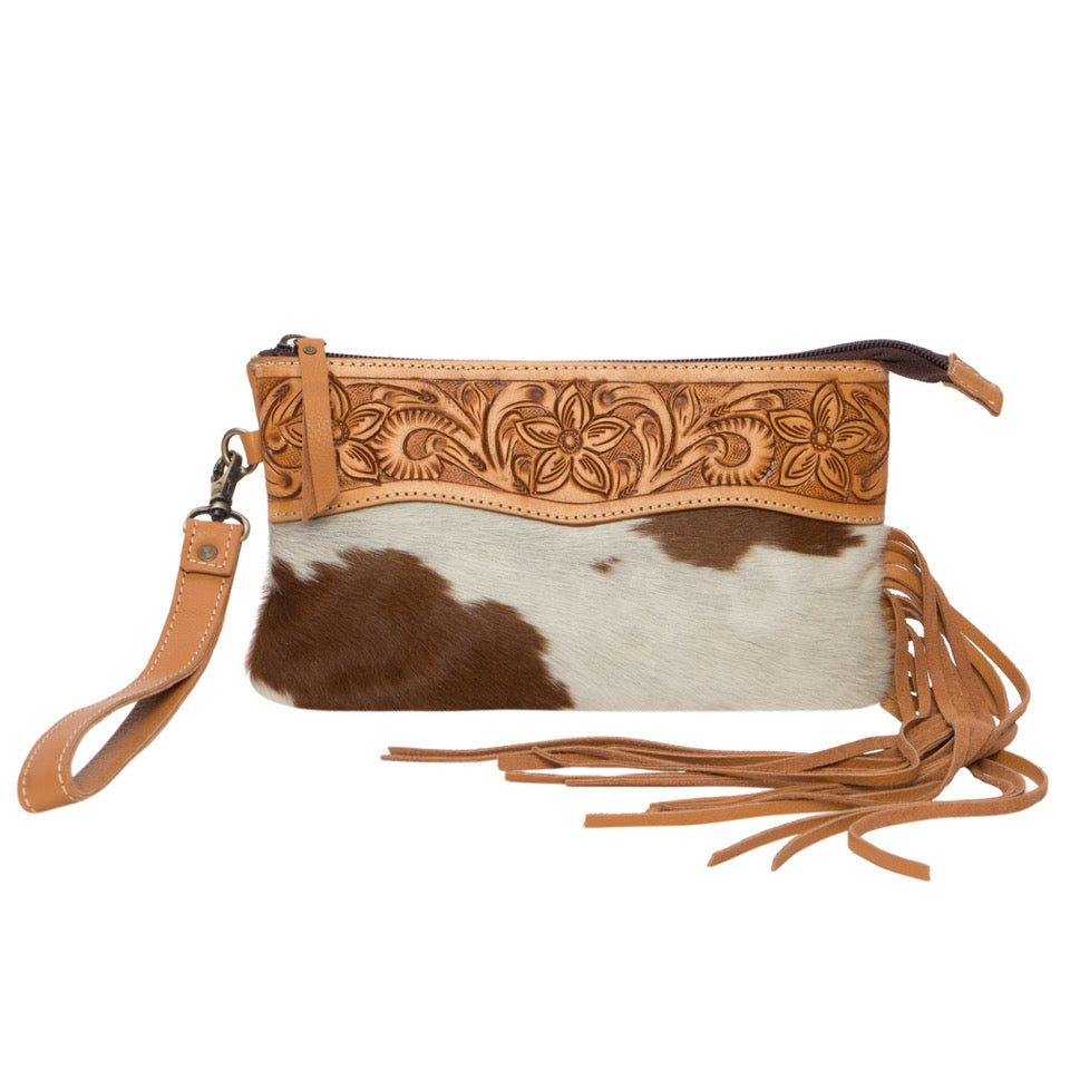 Cowhide Tooled Clutch w/tassels - Tan