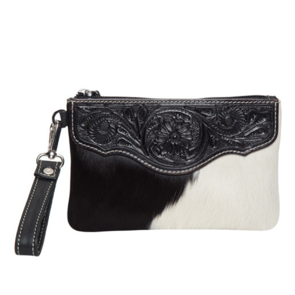 Cowhide Tooled Leather Clutch - Black