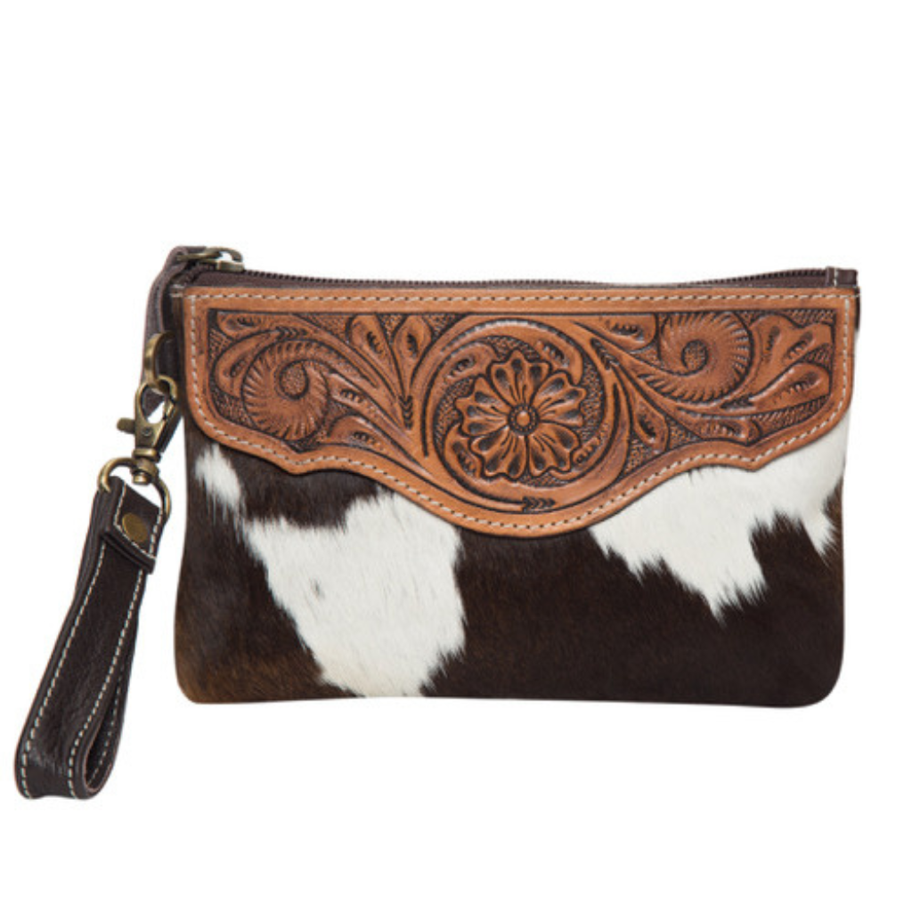 Cowhide Tooled Leather Clutch - Brown