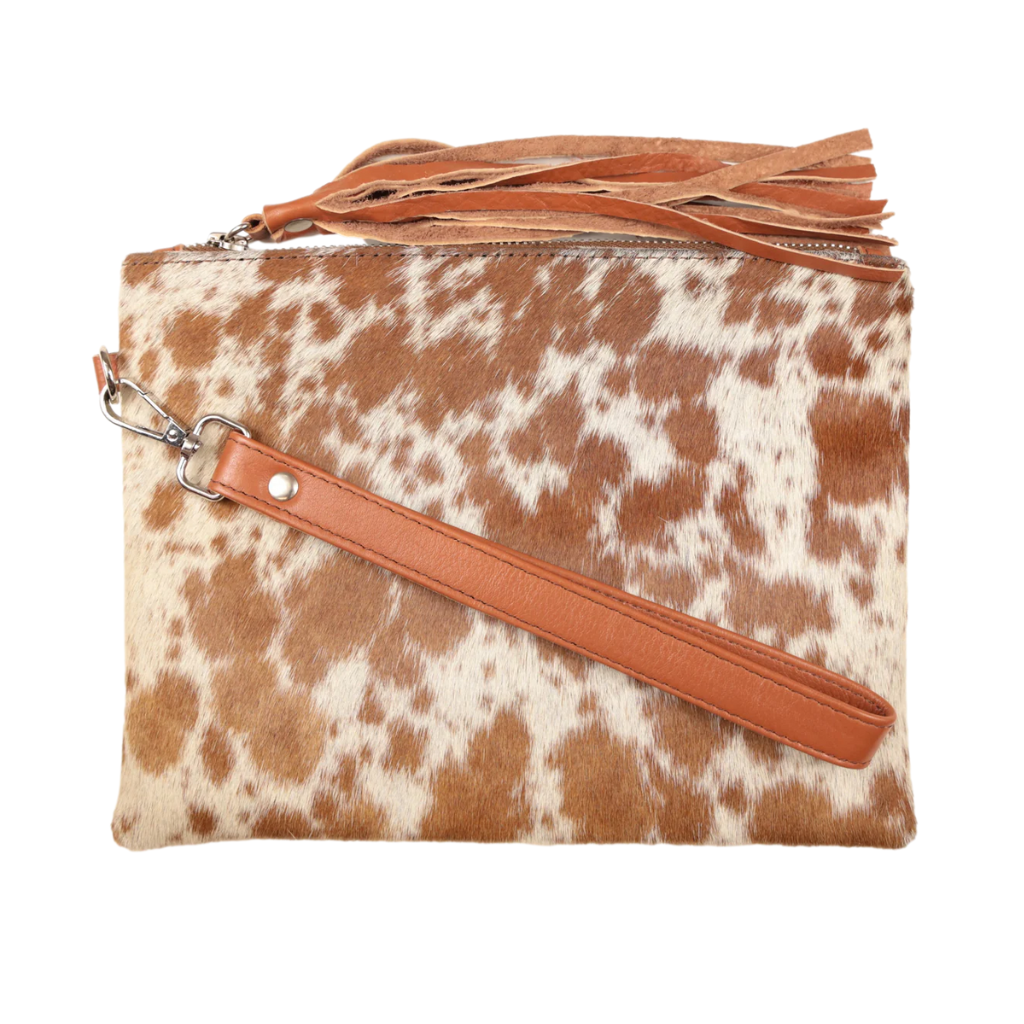 Cowhide Claire Large Leather Clutch - Tan