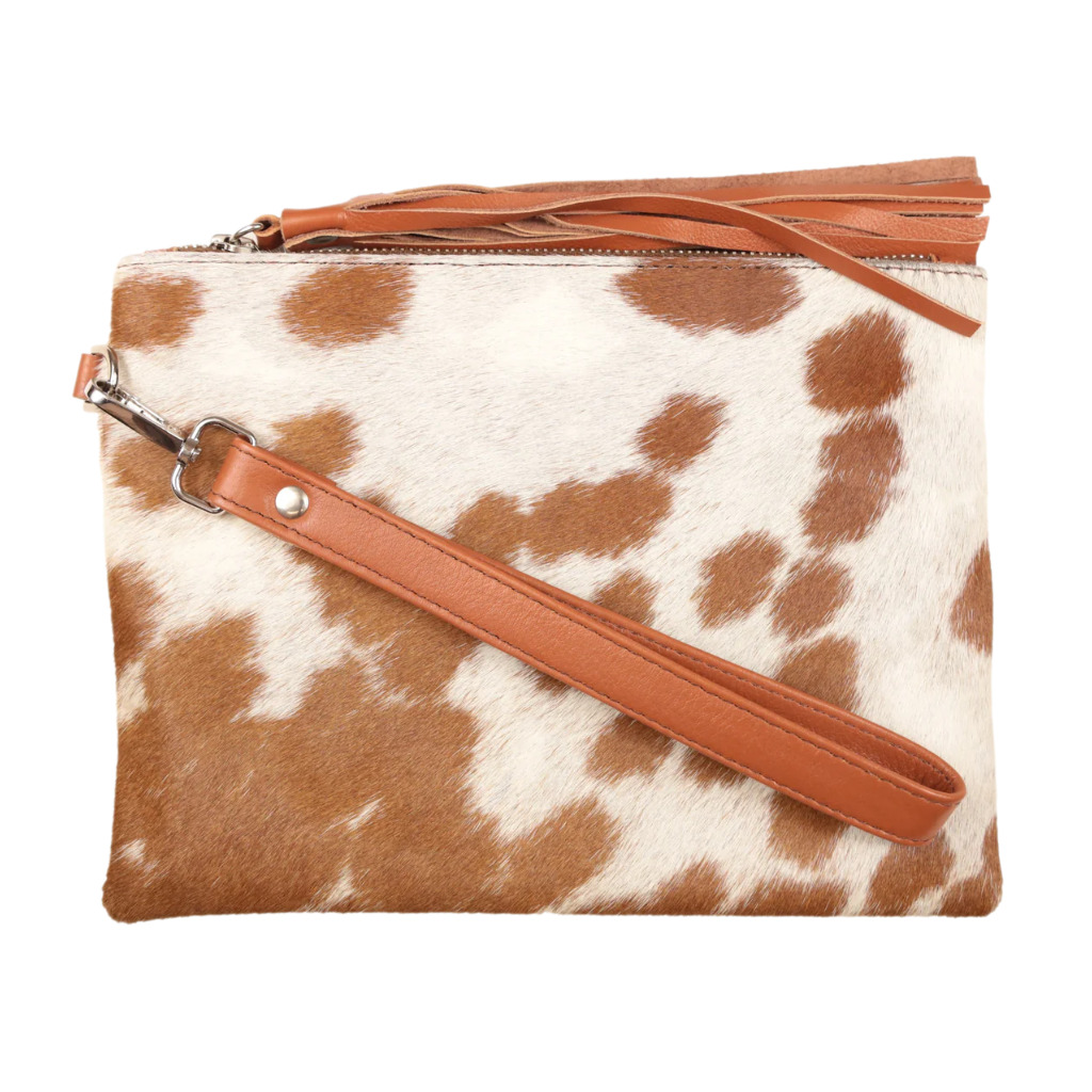 Cowhide Claire Large Leather Clutch - Tan