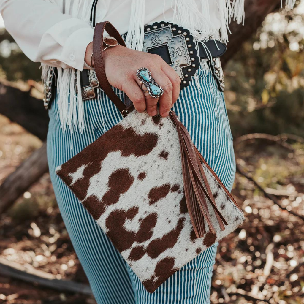 Cowhide Claire Large Leather Clutch - Tan