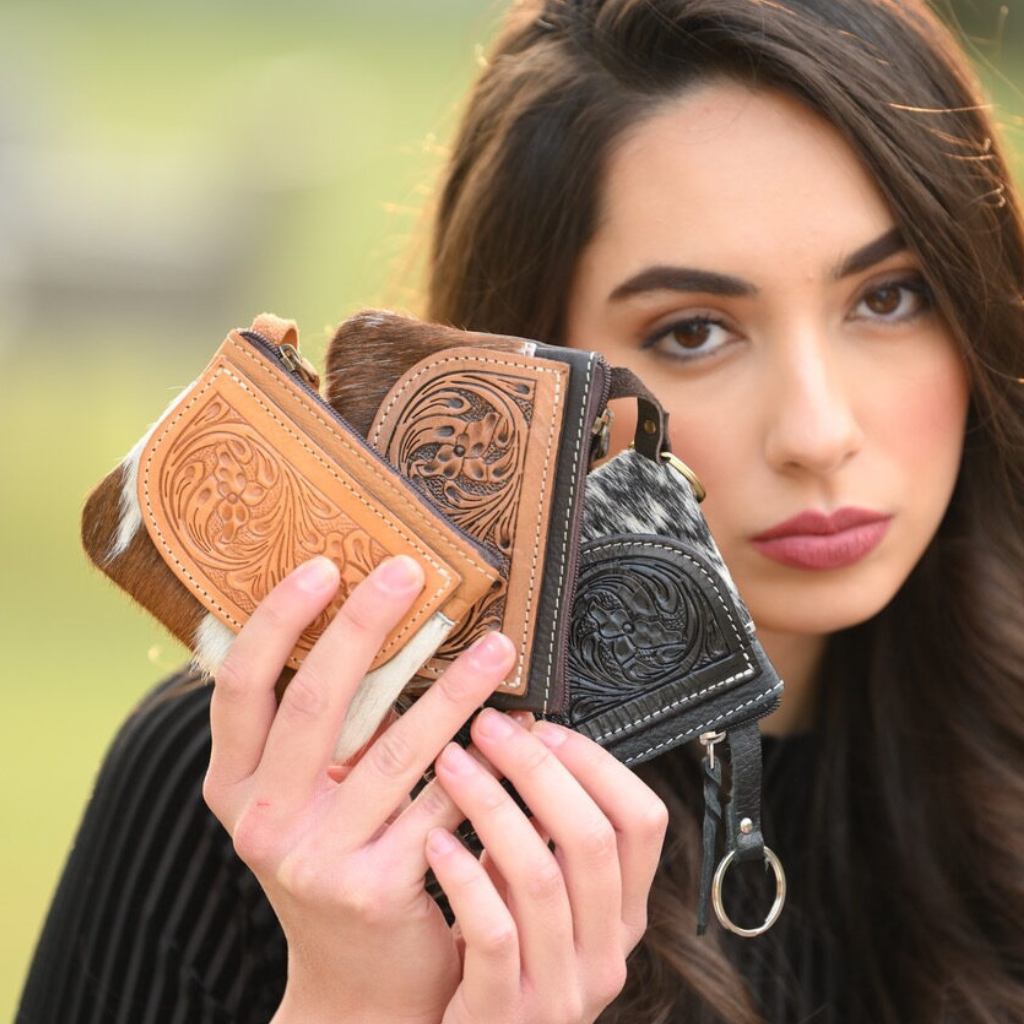 Cowhide Leather Tooling Zip Purse - Brown