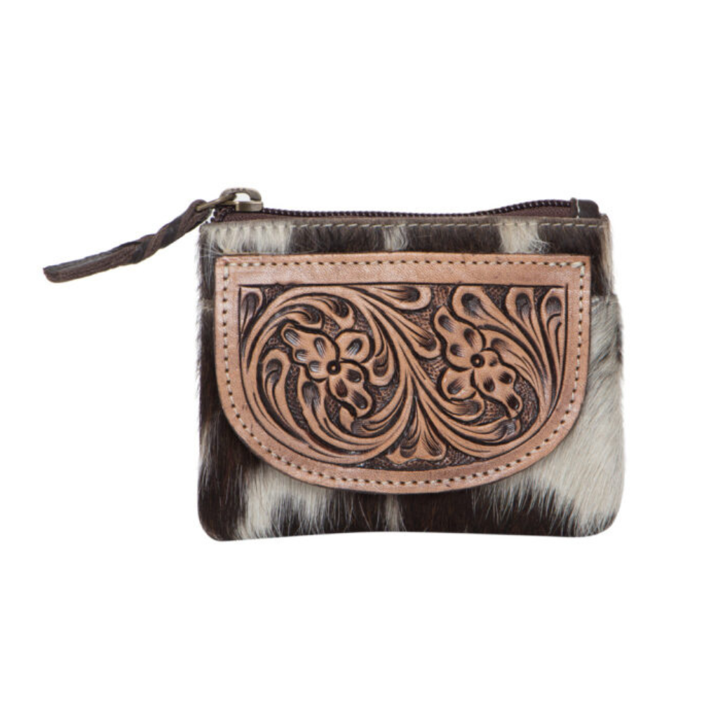 Cowhide Leather Tooling Zip Purse - Brown