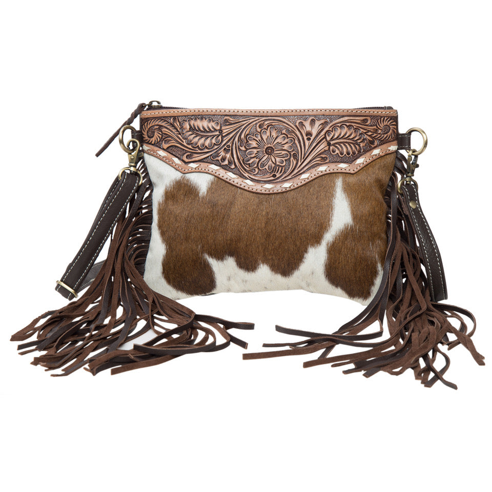 Tooling Leather Cowhide Clutch Bag w/fringe - Brown/White