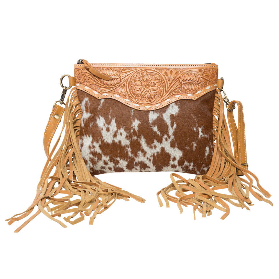 Tooling Leather Cowhide Clutch Bag w/fringe - Tan/White