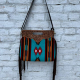 Teal Saddle Blanket Bag - Tan Tooled Leather