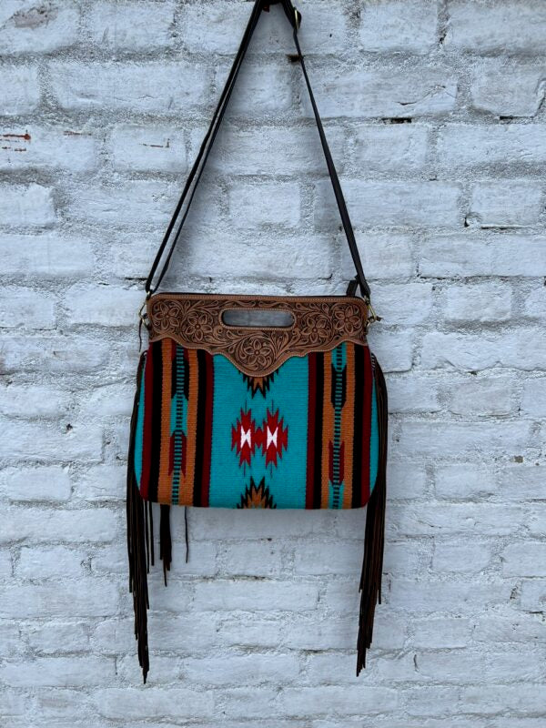 Teal Saddle Blanket Bag - Tan Tooled Leather