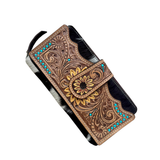 Cowhide Sunflower Tooling Leather Zippered Wallet - Brown