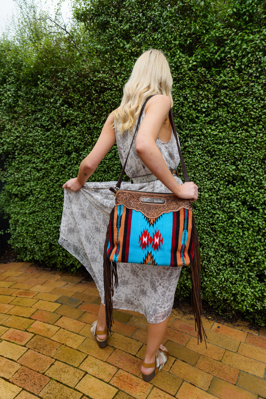 Teal Saddle Blanket Bag - Tan Tooled Leather