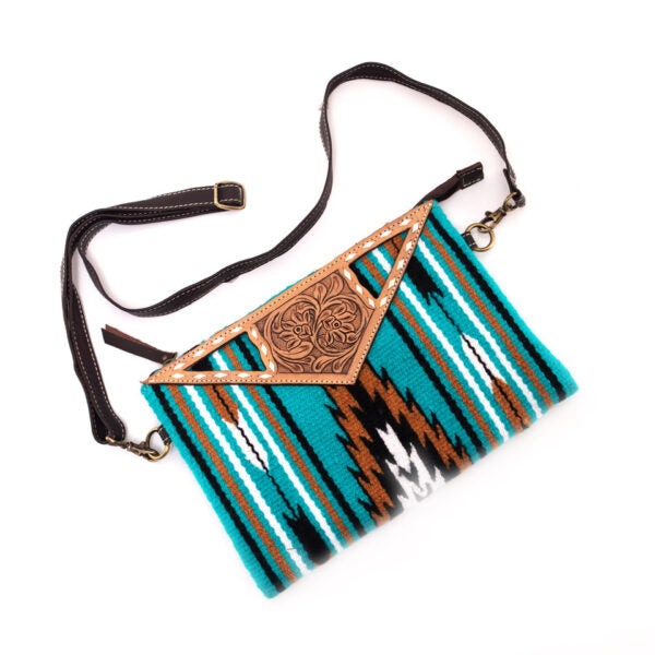 Turquoise Saddle Blanket Big Clutch - Tan Tooled Leather