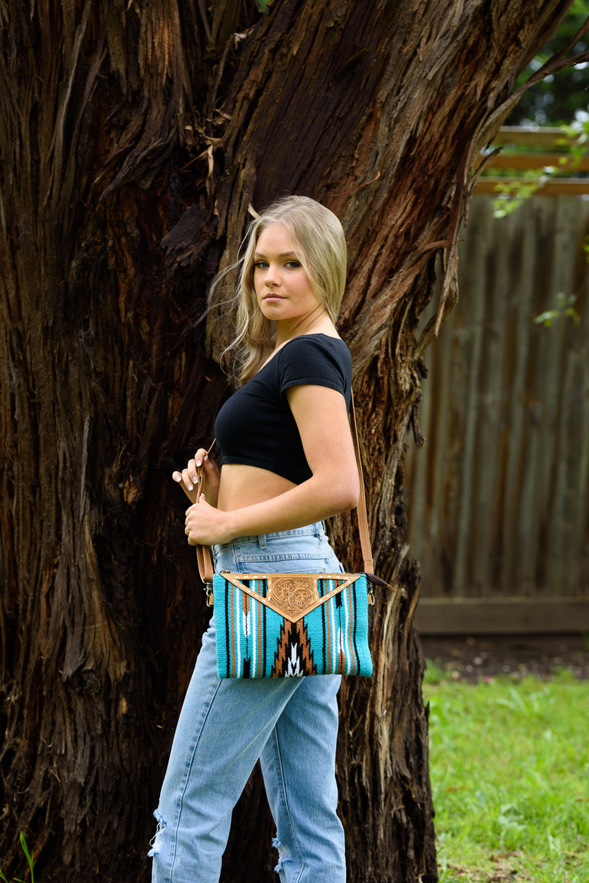 Turquoise Saddle Blanket Big Clutch - Tan Tooled Leather