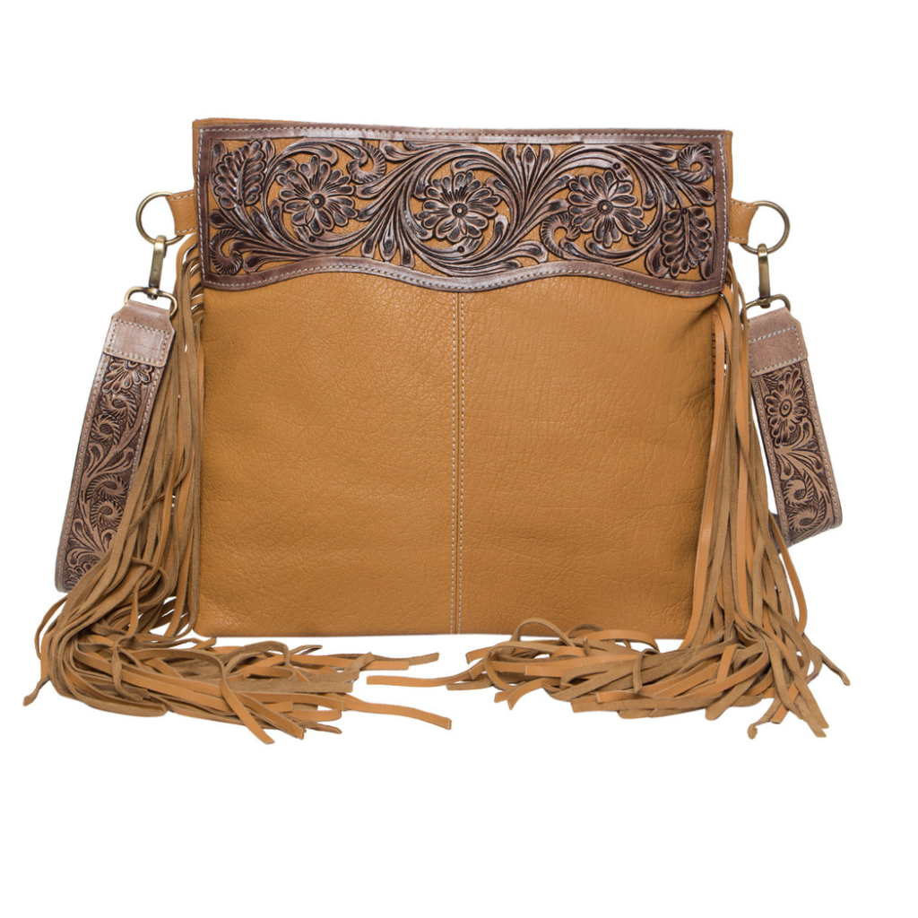 Tooling Hand Carved Leather Medium Sling Bag - Tan