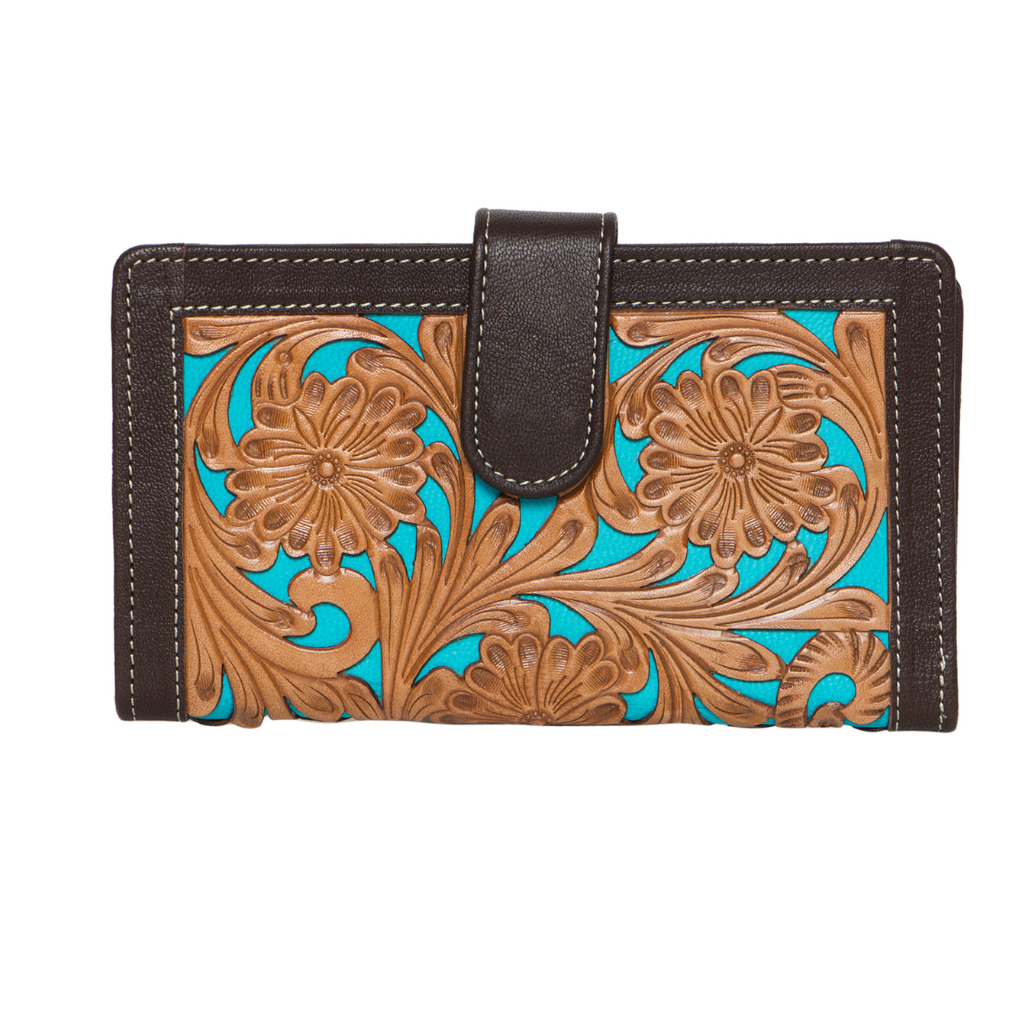 Tooling Leather Carved Clutch Wallet - Brown/Turquoise