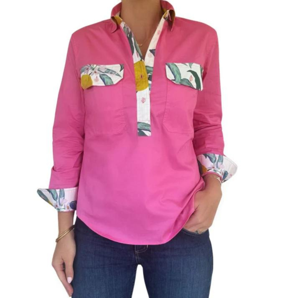 Antola Trading Womens Holly Half Button Shirt - Pink/Lemon Trim