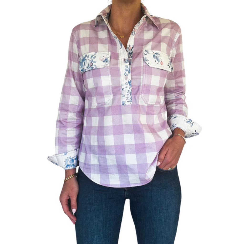 Antola Trading Womens Megan Half Button Shirt - Pink Check