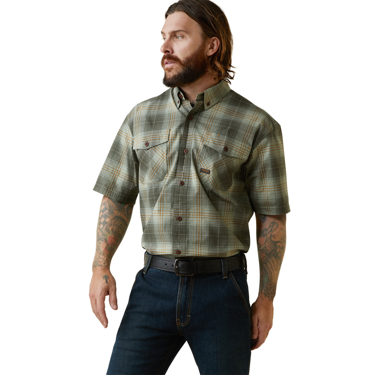 Ariat Mens Rebar Made Tough Durastretch Short Sleeve Workshirt - Silt Green Plaid