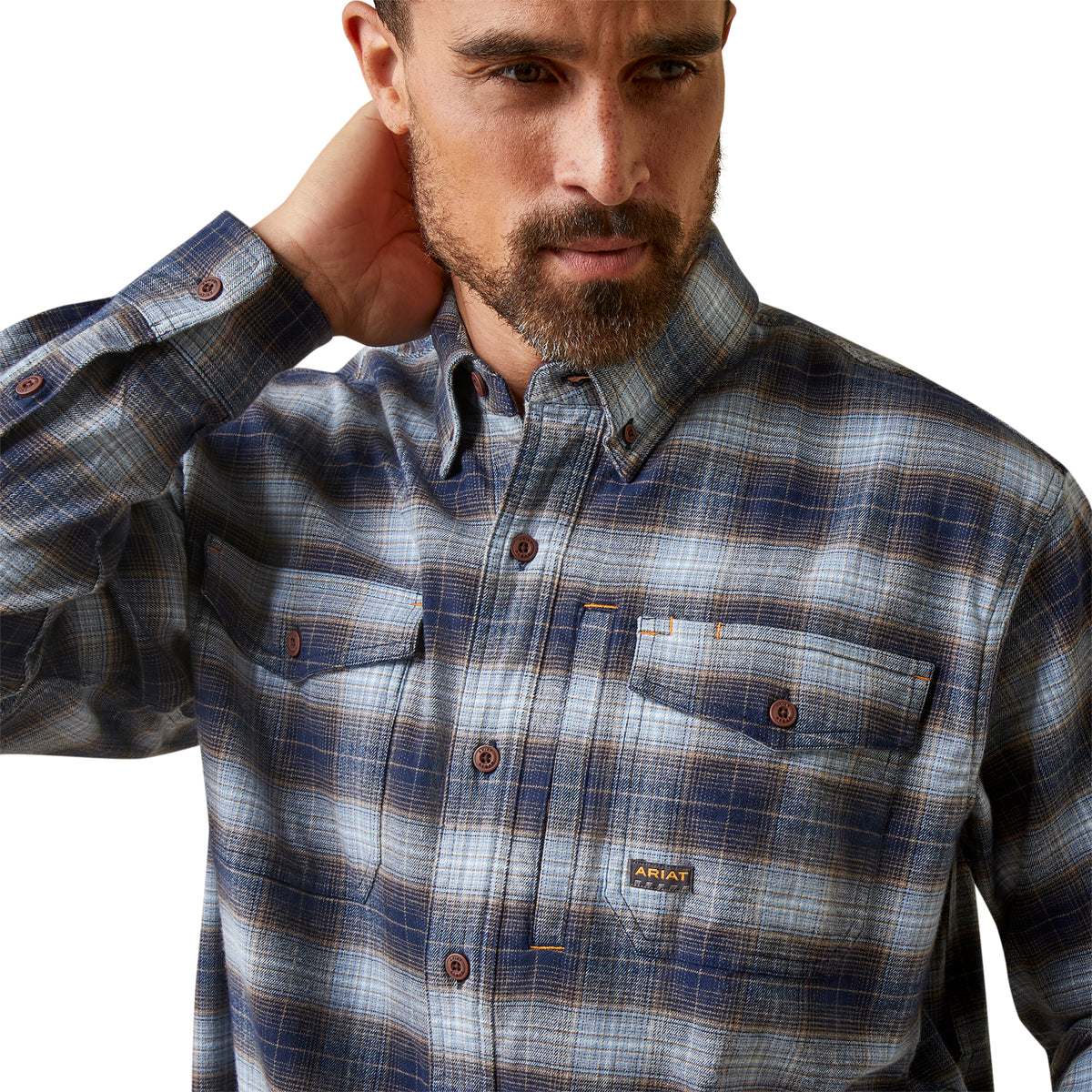 Ariat Mens Rebar Flannel Durastretch Work Shirt - Blue Khaki Plaid