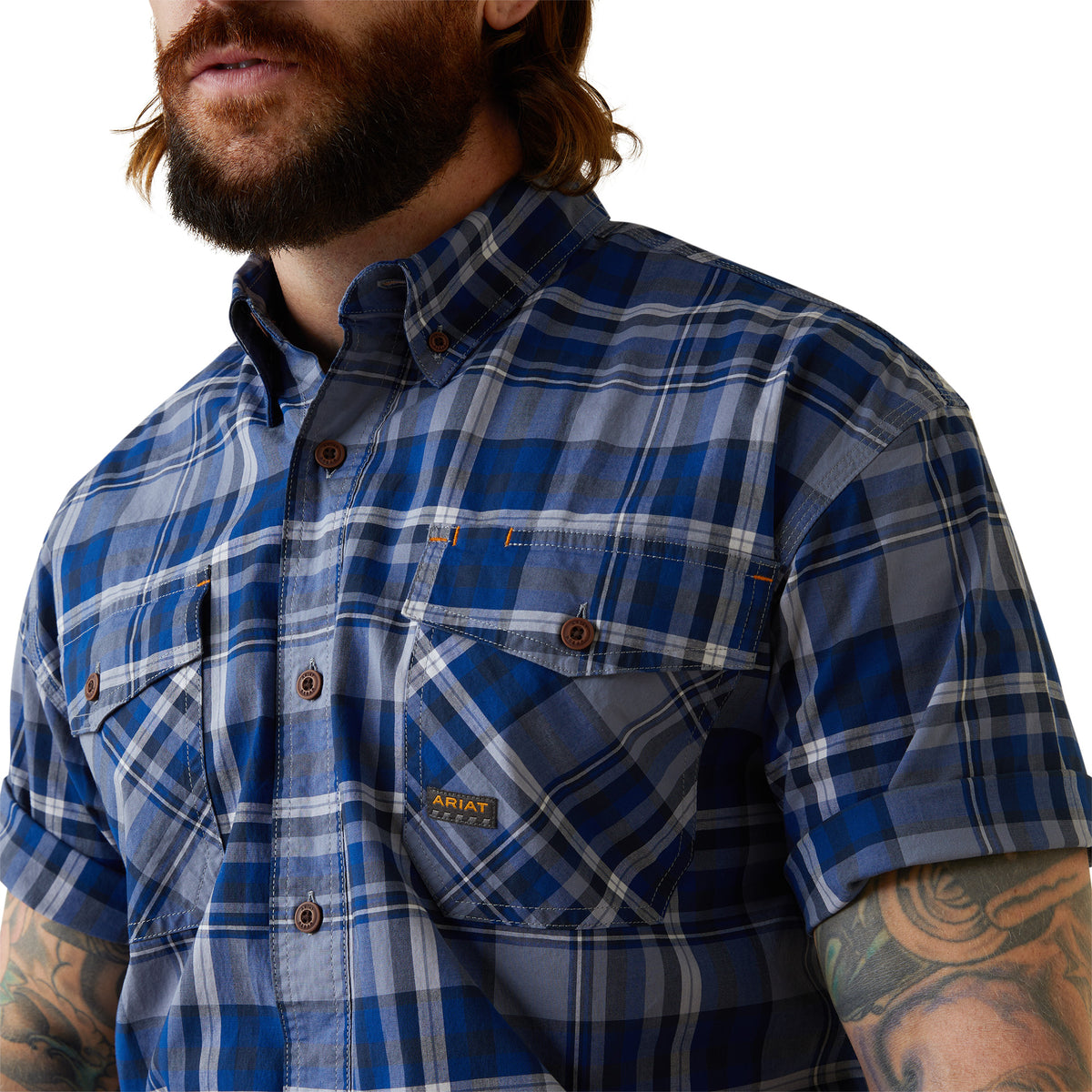 Ariat Mens Rebar Made Tough Durastretch Short Sleeve Workshirt - Stonewash Plaid