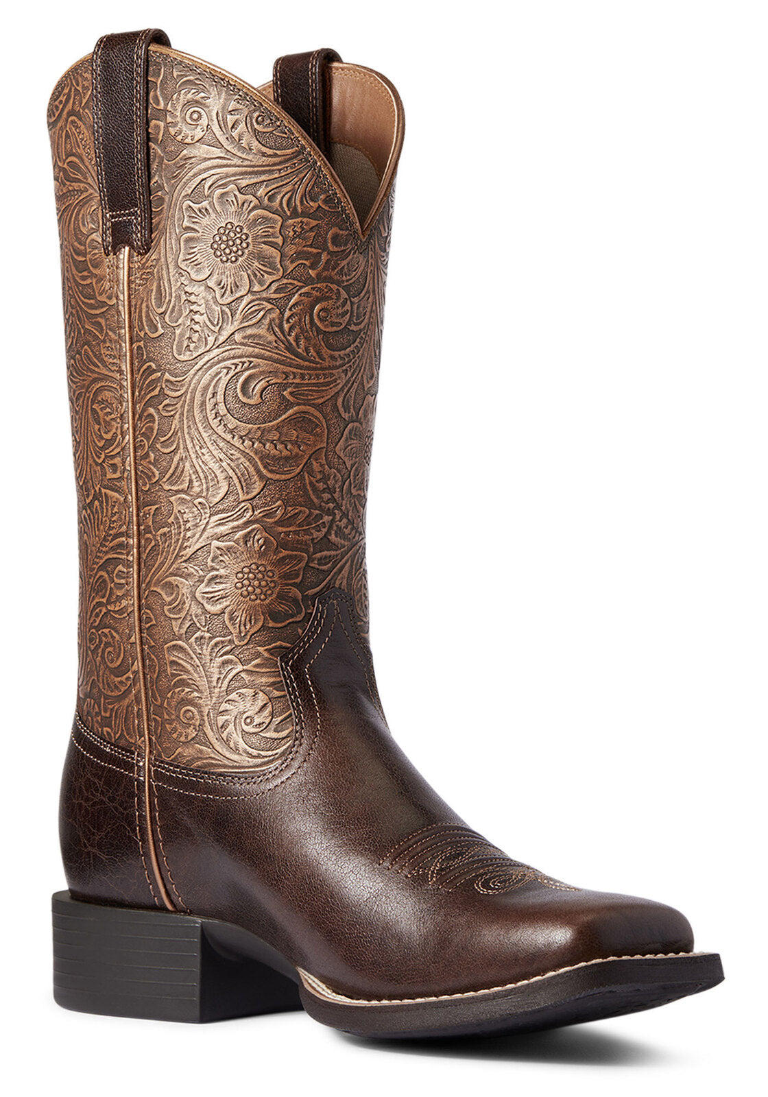 Ariat Womens Round Up Wide Square Toe - Arizona Brown/Copper Floral Emboss