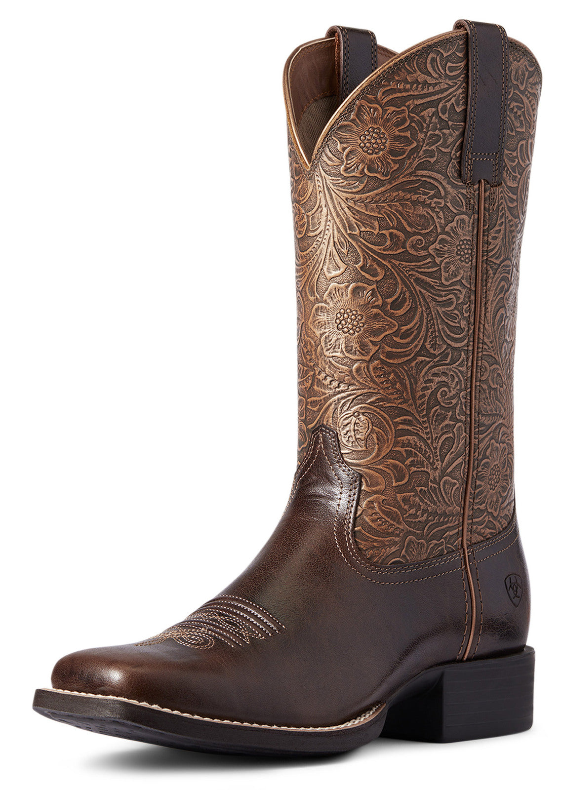 Ariat Womens Round Up Wide Square Toe - Arizona Brown/Copper Floral Emboss