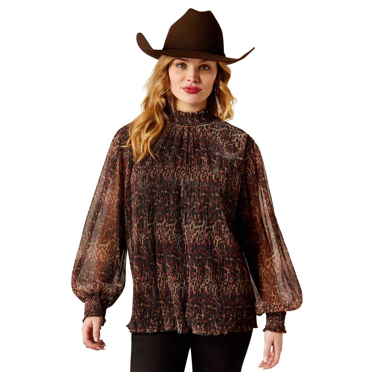 Ariat Womens Plume Pleated Long Sleeve Top - Leopard Mesh
