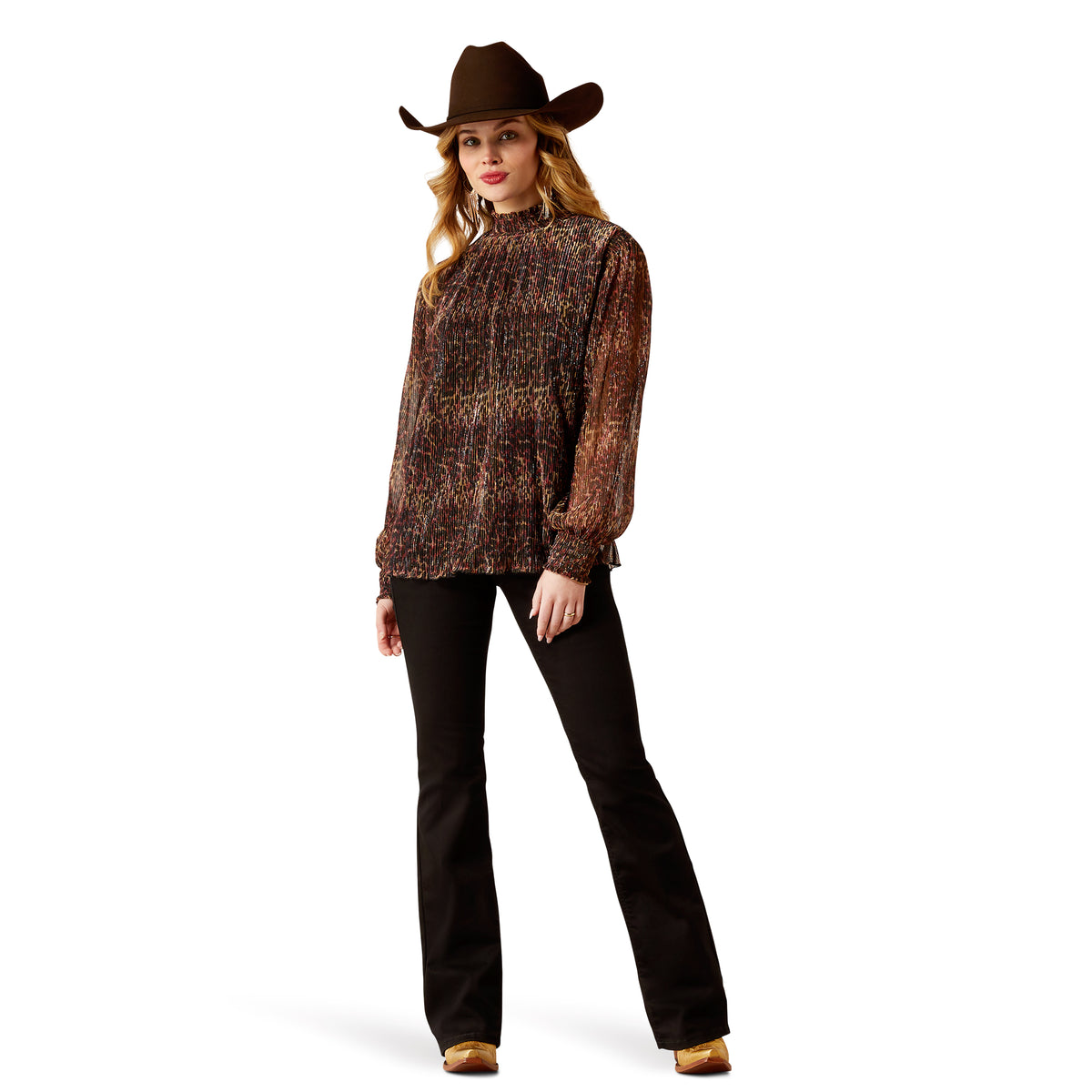 Ariat Womens Plume Pleated Long Sleeve Top - Leopard Mesh