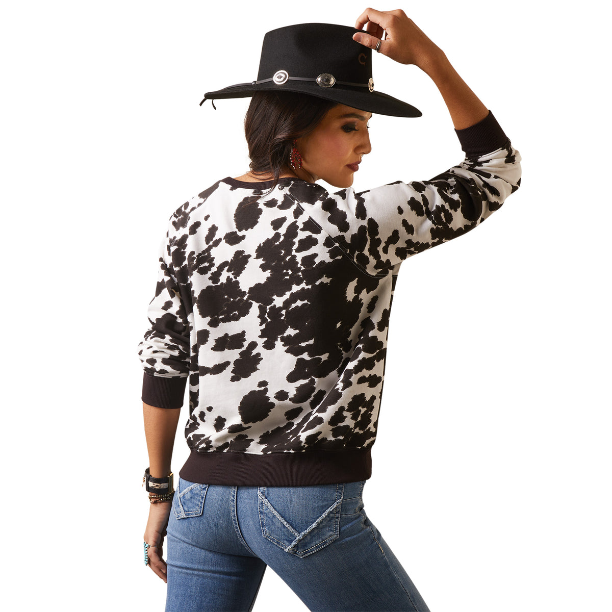 Ariat Womens Real Hide Crew Sweatshirt - Holstein Cow Print