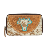 Cowhide Bullhead Tooled Leather Small Wallet - Tan