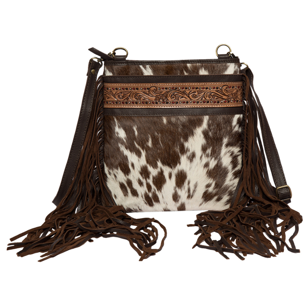 Cowhide Hand Painted Tooled Leather Bag w/fringe - Brown