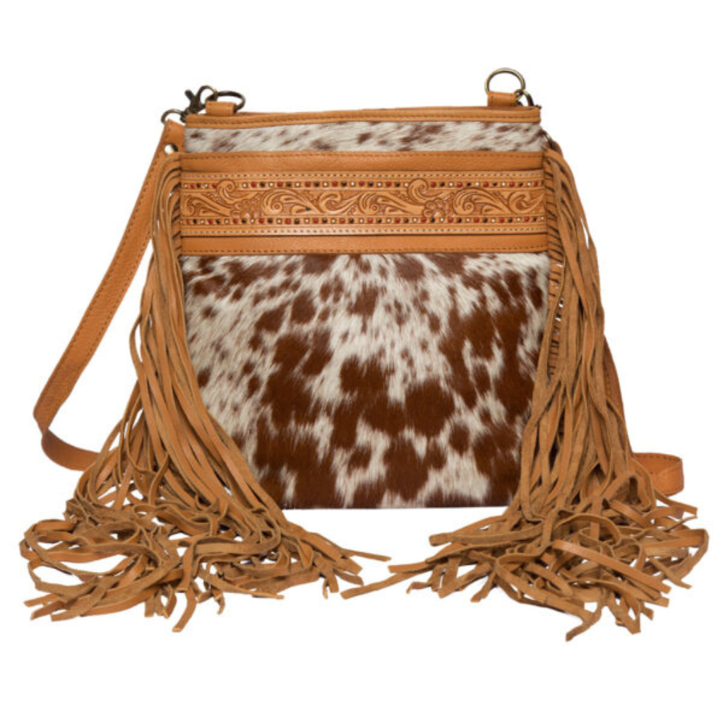 Cowhide Hand Painted Tooled Leather Bag w/fringe - Tan