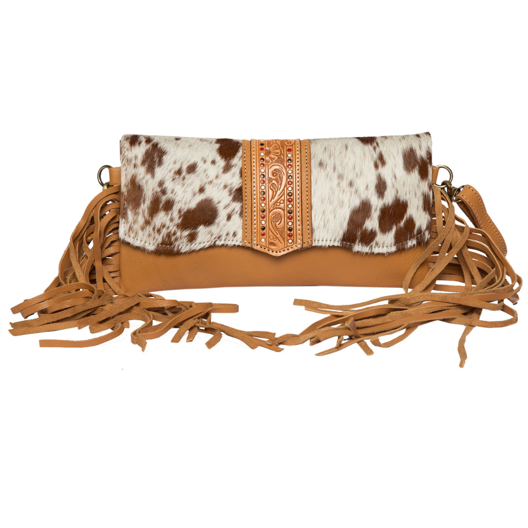 Cowhide Hand Painted Tooled leather Flap Bag w/Fringes - Tan