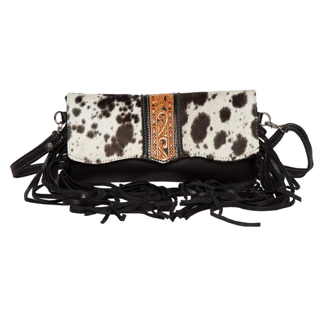 Cowhide Hand Painted Tooled leather Flap Bag w/Fringes - Black