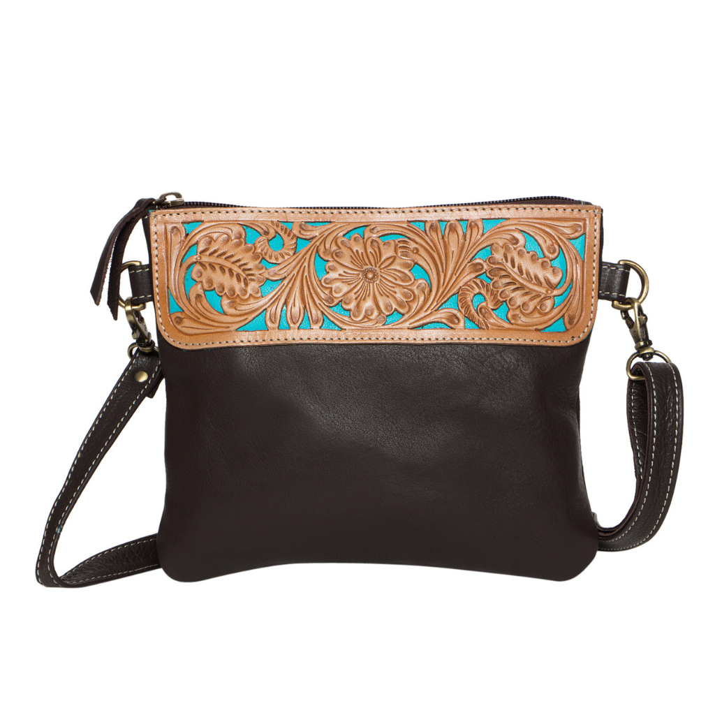 Tooling Leather Hand Carved Clutch Bag - Turquoise