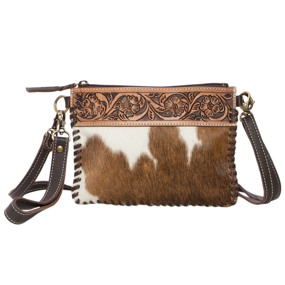 Cowhide Tooling Leather Small Clutch Bag - Brown/White