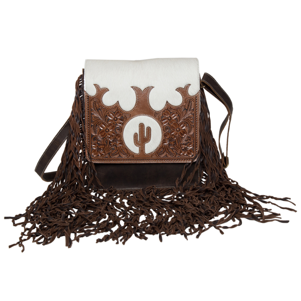 Cowhide Tooled leather Flap Sling Bag w/fringes - Brown