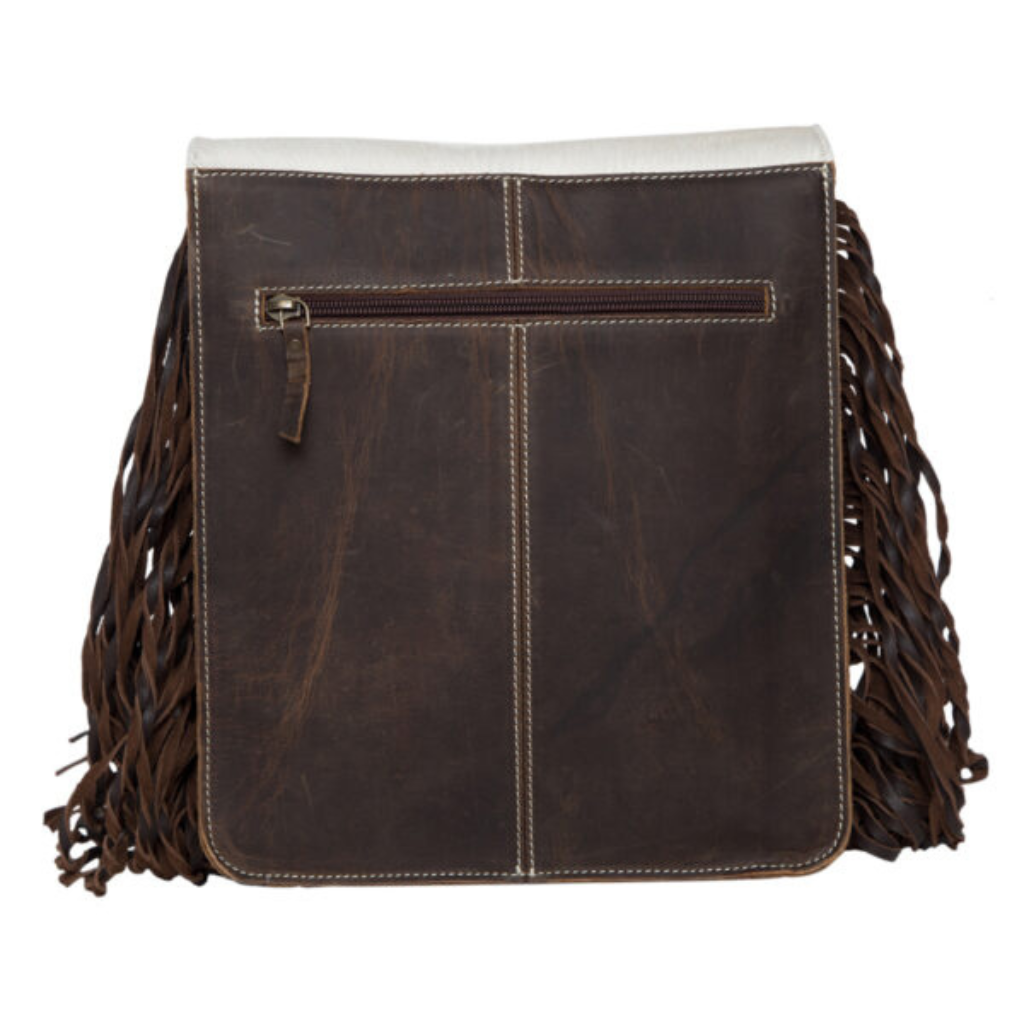 Cowhide Tooled leather Flap Sling Bag w/fringes - Brown