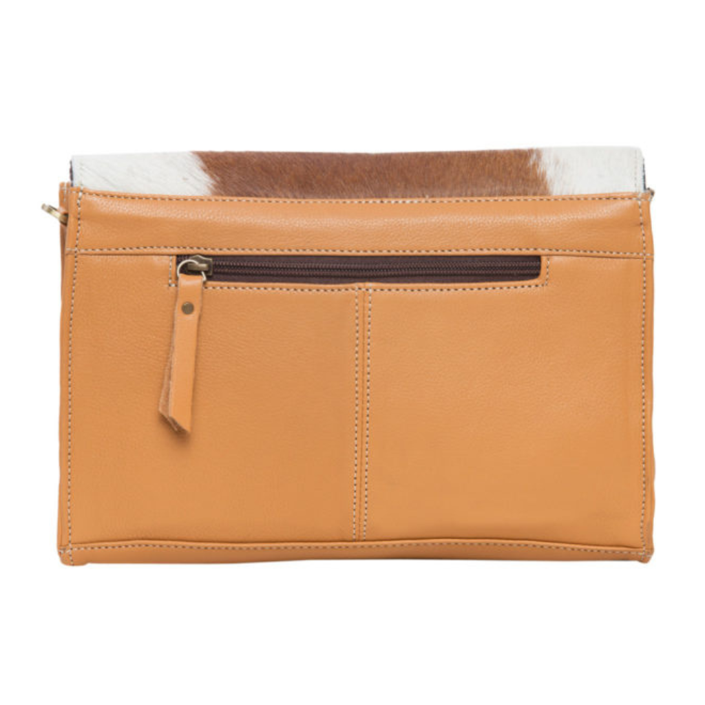 Cowhide Leather Rectangular Flap Tooled Leather Bag - Tan/White