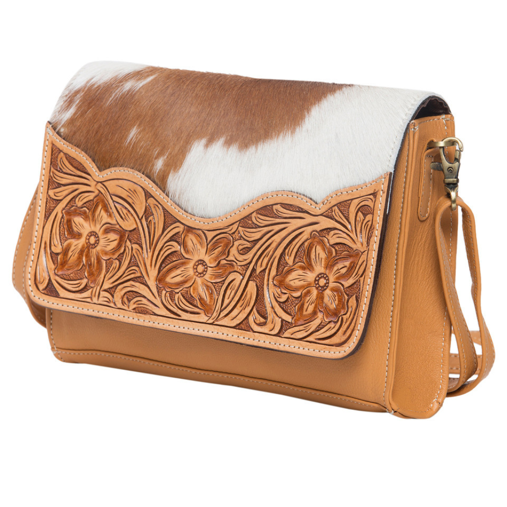 Cowhide Leather Rectangular Flap Tooled Leather Bag - Tan/White