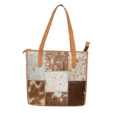 Cowhide Patchwork Tote Bag - Tan