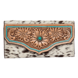 Cowhide Tooled Leather Wallet w/Turquoise Stonework - Brown