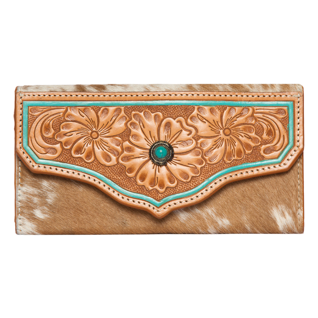 Cowhide Tooled Leather Wallet w/Turquoise Stonework - Tan