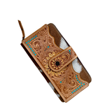 Cowhide Sunflower Tooling Leather Zippered Wallet - Tan