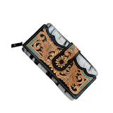 Cowhide Sunflower Tooling Leather Zippered Wallet - Black