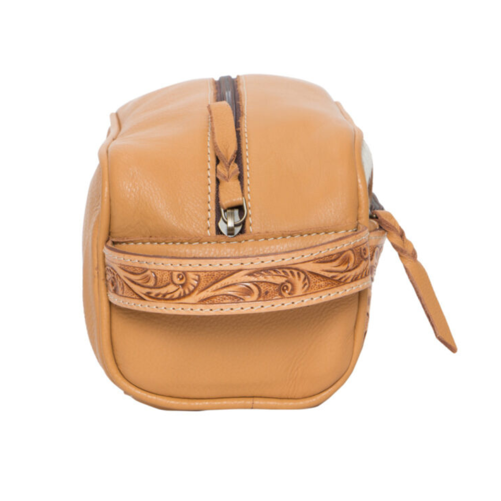 Cowhide Tooling Leather Toiletries Bag - Tan